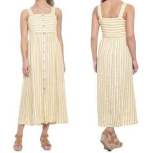 Rachel Zoe Dress Yellow Cream Stripe Smocked Midi WMNS 10 100% Linen Boho Chic